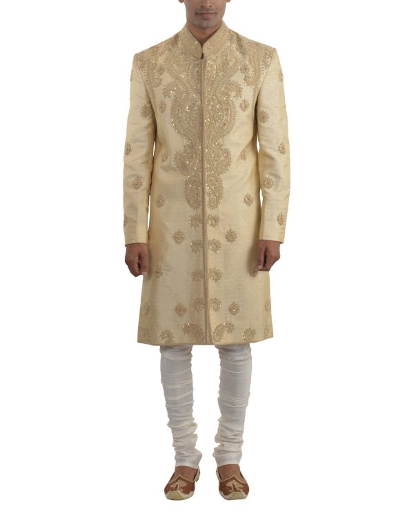 Brocade Silk Ivory Designer Wedding Sherwani - Image 2