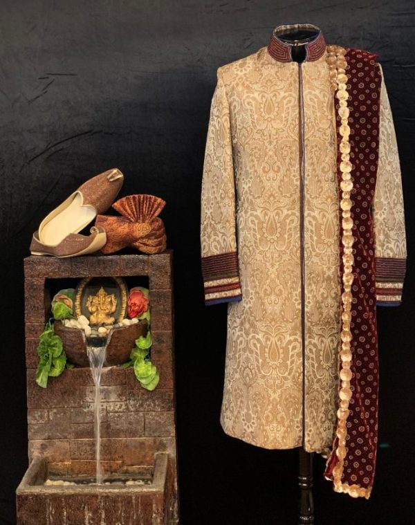 Ivory & Beige Brocade Silk Designer Wedding Sherwani