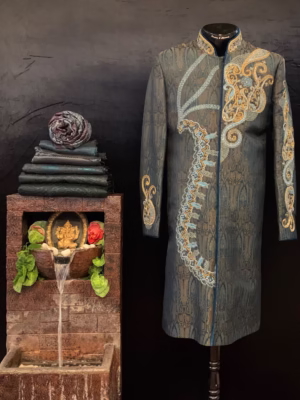 Stylish Teal Blue Silk Brocade Sherwani