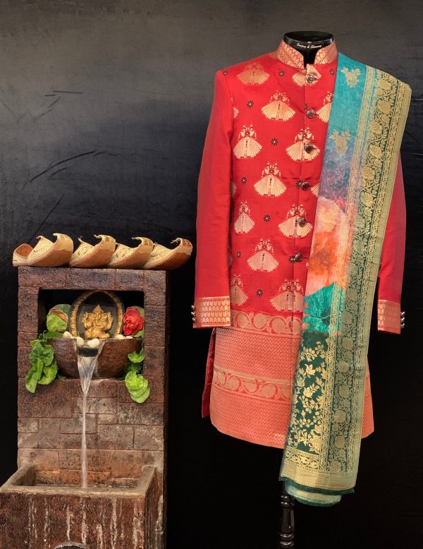 Banarasi Silk Designer Red Sherwani