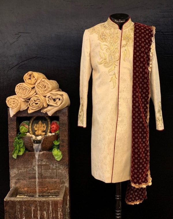 Designer Brocade Silk Ivory Sherwani