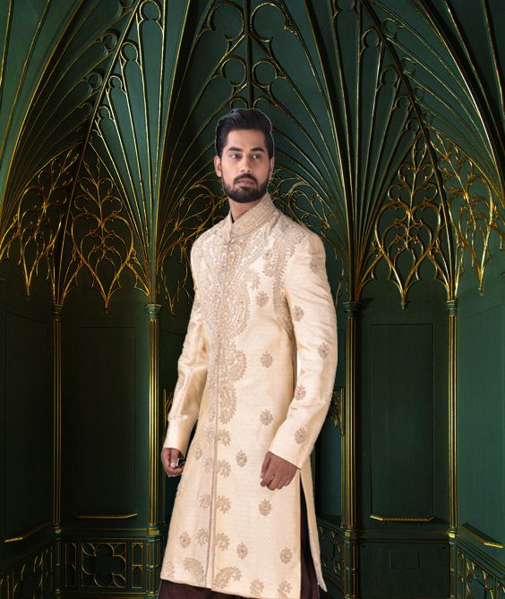 Brocade Silk Ivory Designer Wedding Sherwani
