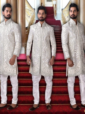 Cut Work Hand Embroidered Pearl White Beige Silk Sherwani