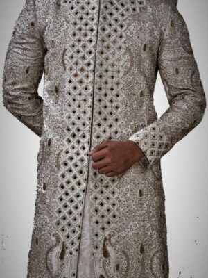 Cut Work Hand Embroidered Ivory Beige Silk Sherwani