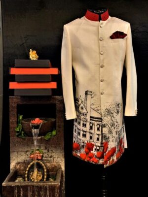 Digital Printed Pearl White Silk Sherwani