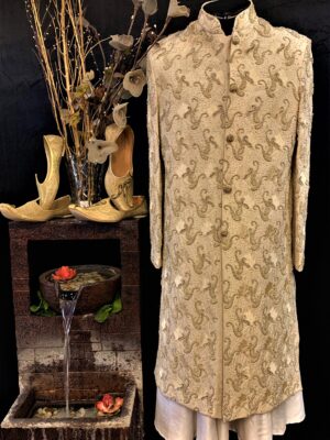 Hand Embroidered Creamy Beige Designer Silk Sherwani