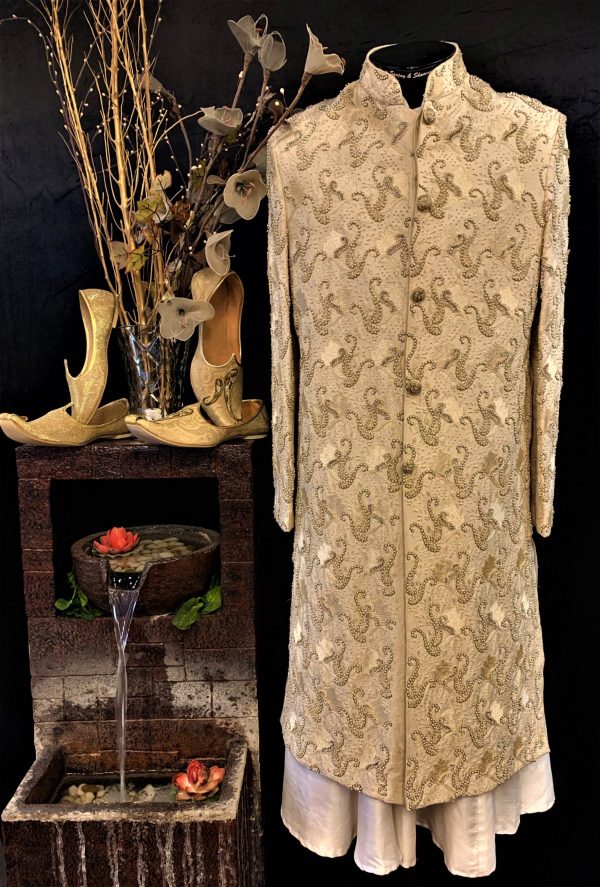 Hand Embroidered Creamy Beige Designer Silk Sherwani