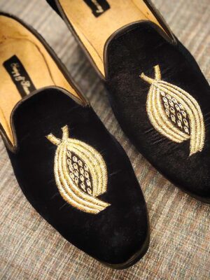 Designer Blue Embroidered Velvet Slip-on Shoes