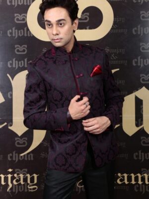Stylized Placket Purple Brocade Bandgala