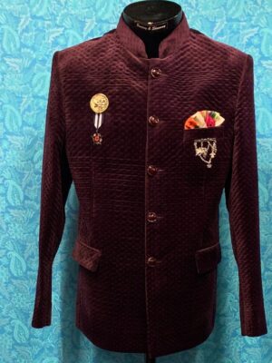 Stylish Wine Embossed Alucio Velvet Designer Bandgala