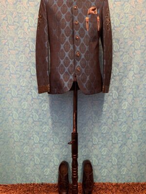 Teal Blue Designer Brocade Bandgala